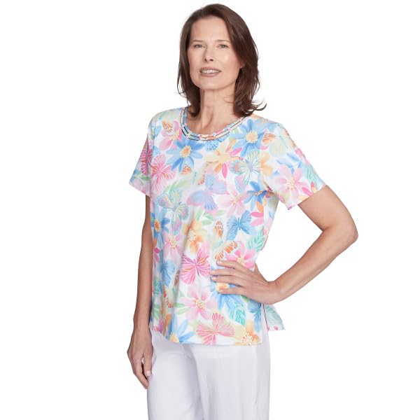 Alfred Dunner Key Item Butterfly Floral Cotton Top Short Sleeve (US, Alpha, 4X-Small, Small, Regular, Petite, Petite, Multi)