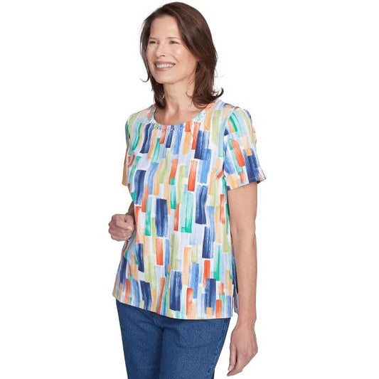 Alfred Dunner Key Item Patchworks Cotton Top Short Sleeve (US, Alpha, Large, Regular, Petite, Petite, Multi)