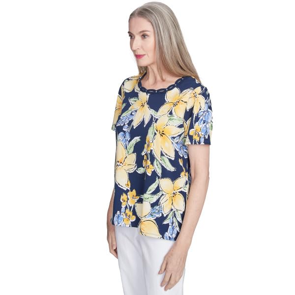 Alfred Dunner Key Item Navy Floral Cotton Top Short Sleeve (US, Alpha, Small, Regular, Regular, Standard, Multi)