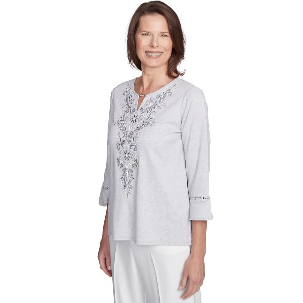 Alfred Dunner Women's Estate of Mind Embroidered Scroll Bell Sleeve Top, Medium Dove Grey