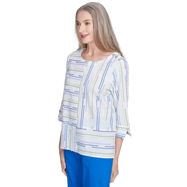 Alfred Dunner Parrot Cay Textured Jaquard Spliced Cotton Top (US, Alpha, X-Large, Regular, Regular, Standard, Cobalt/Multi)
