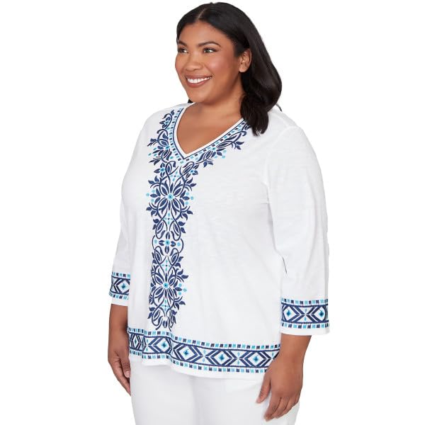 Alfred Dunner Mykonos Scroll Center Embroidery Cotton/Poly Top