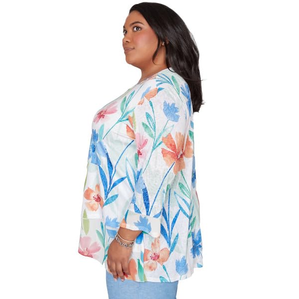 Alfred Dunner Women's Plus-Size Whimsical Flower Bell Sleeve Top, Size 2X, Blue Multi