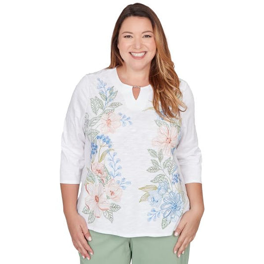 Alfred Dunner ST.Augestine Placed Floral Embroidery Top Cotton/Polyester (US, Alpha, 3X, Plus, Regular, Plus Size, White)