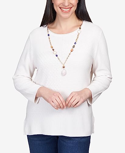Alfred Dunner Women's Petite Solid Texture Split Hem Sweater with Necklace Size PXL Ivory