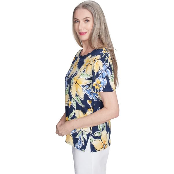 Alfred Dunner Key Item Navy Floral Cotton Top Short Sleeve (US, Alpha, Small, Regular, Regular, Standard, Multi)
