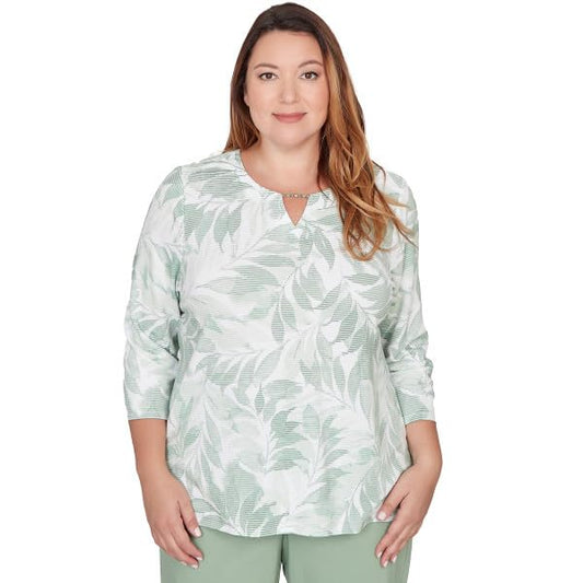 Alfred Dunner St. Augestine Monotone Leaves Polyester Rayon Top (US, Alpha, 3X, Plus, Regular, Plus Size, Celery)