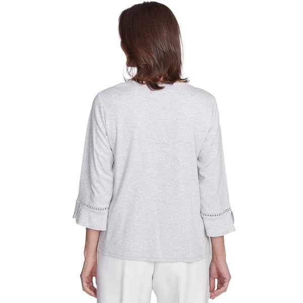 Alfred Dunner Women's Estate of Mind Embroidered Scroll Bell Sleeve Top, Petite Medium Dove Grey