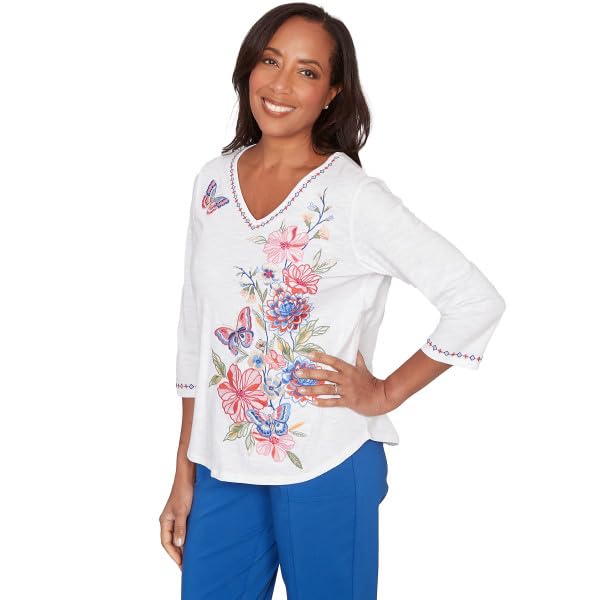 Alfred Dunner Women's Petite Floral Butterfly Embroidered V Neck Top, Size PS, White