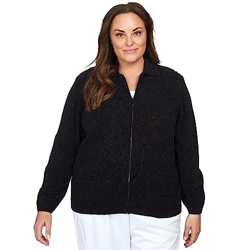 Alfred Dunner Classic Chenille W/Lurix Zippered Cardigan (US, Alpha, 2X, Plus, Regular, Plus Size, Black)