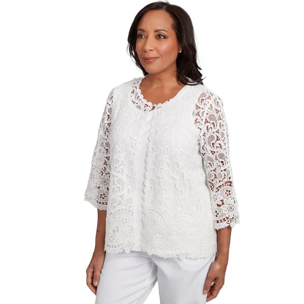 Alfred Dunner Estate of Mind Scroll Lace Tow in One Blouse (US, Alpha, Small, Regular, Petite, Petite, Oyster)