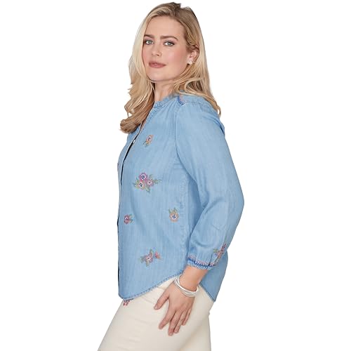 Alfred Dunner Women's Floral Embroidered Button Front Top, Size S, Light Blue