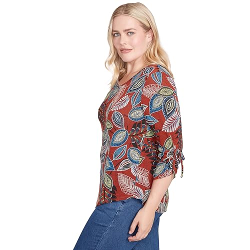 Alfred Dunner Women's Petite Batik Leaves Melange Asymmetrical Top Size PXL Spice Multi