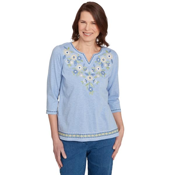 Alfred Dunner Flower Power Embroidered Daisy Yoke Cotton/Ploy Top (US, Alpha, X-Large, Regular, Regular, Standard, Blue)