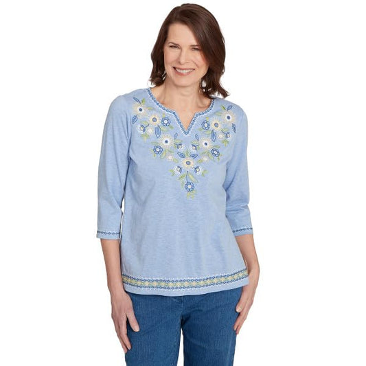 Alfred Dunner Flower Power Embroidered Daisy Yoke Cotton/Ploy Top (US, Alpha, X-Large, Regular, Regular, Standard, Blue)