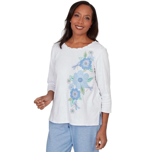Alfred Dunner Women's Petite Embroidered Dragonfly Floral Top, Size PL, White