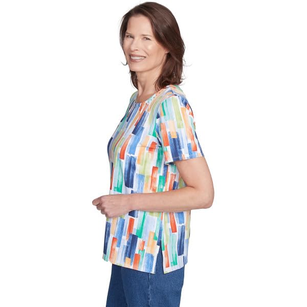 Alfred Dunner Key Item Patchworks Cotton Top Short Sleeve (US, Alpha, Large, Regular, Petite, Petite, Multi)