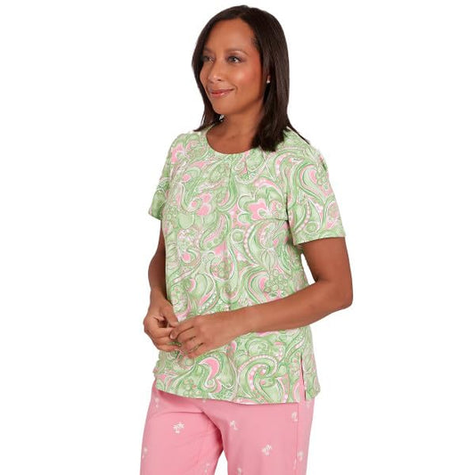 Alfred Dunner Key Item Paisley Cotton Short Sleeve Top (US, Alpha, Small, Regular, Petite, Petite, Green/Multi)
