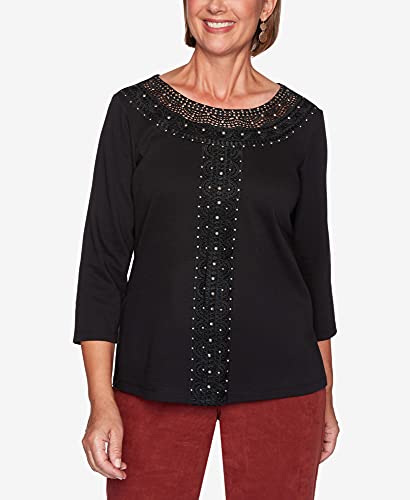 Alfred Dunner Women's Catwalk Solid Center Crochet Knit Top - Petite Size, Black, Petite Small