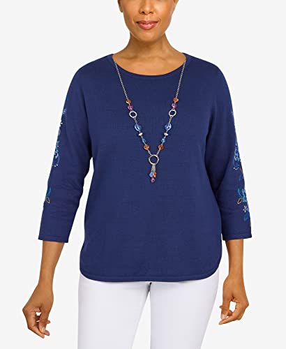 Alfred Dunner Women's Plus-Size Womens Embroidered Sweater with Detachable Necklace Size 2X Navy