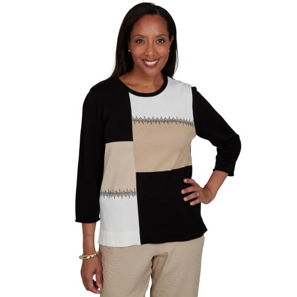 Alfred Dunner Travel Advisory Color Block Sweater with Heatset Embellishment Black Size Large