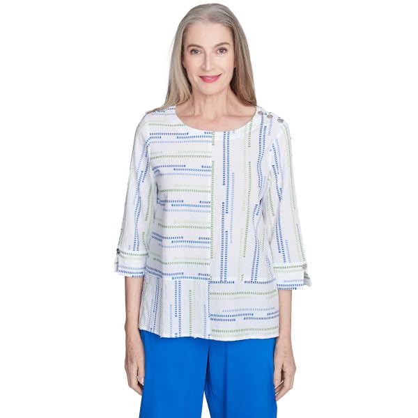 Alfred Dunner Parrot Cay Textured Jaquard Spliced Cotton Top (US, Alpha, X-Large, Regular, Regular, Standard, Cobalt/Multi)