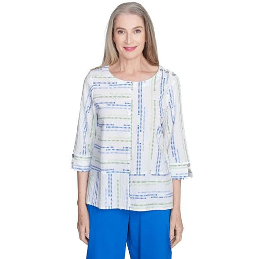 Alfred Dunner Parrot Cay Textured Jaquard Spliced Cotton Top (US, Alpha, X-Large, Regular, Regular, Standard, Cobalt/Multi)