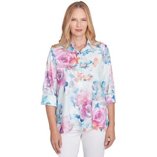 Alfred Dunner Classic Watercolor Polyester Floral Button Down Shirt (US, Alpha, Large, Regular, Regular, Standard, Multi)