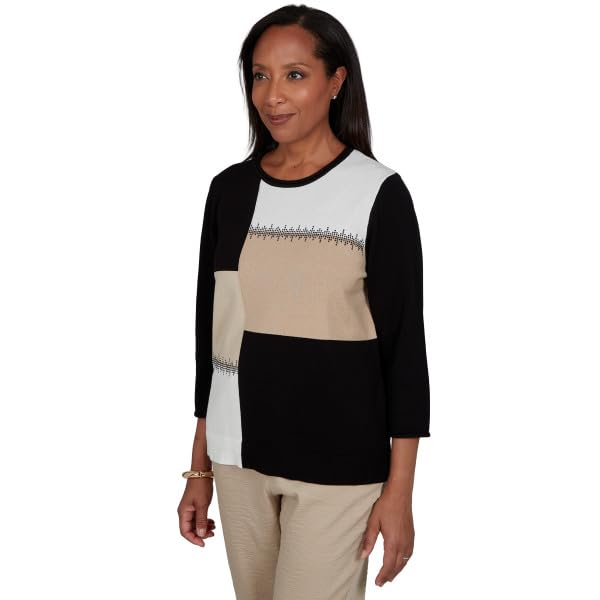 Alfred Dunner Travel Advisory Color Block Sweater with Heatset Embellishment Black Size M