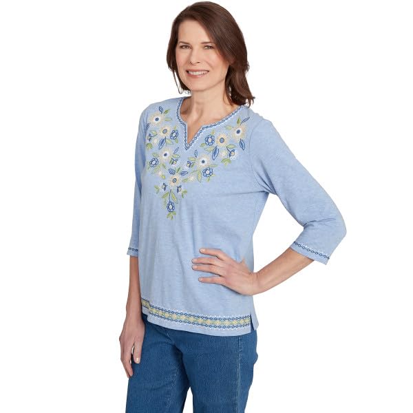 Alfred Dunner Flower Power Embroidered Daisy Yoke Cotton/Ploy Top (US, Alpha, X-Large, Regular, Regular, Standard, Blue)
