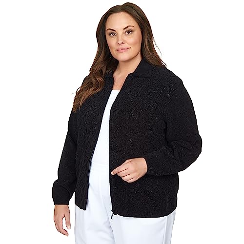 Alfred Dunner Classic Chenille W/Lurix Zippered Cardigan (US, Alpha, 2X, Plus, Regular, Plus Size, Black)