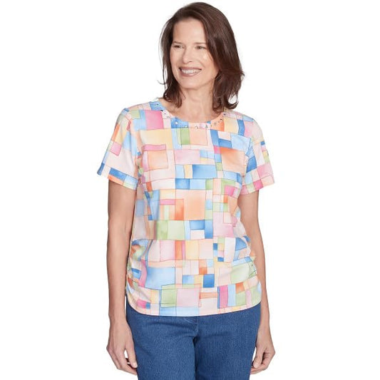 Alfred Dunner Colorblock Tile Cotton Short Sleeve Top (US, Alpha, Small, Regular, Petite, Petite, Multi)