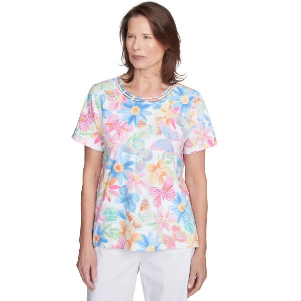 Alfred Dunner Key Item Butterfly Floral Cotton Top Short Sleeve (US, Alpha, 4X-Small, Small, Regular, Petite, Petite, Multi)