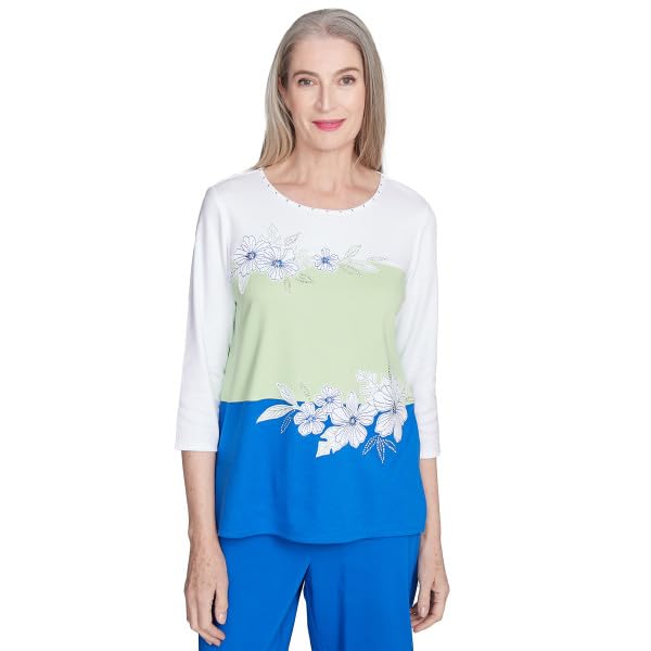 Parrot Cay Spliced Flower Cotton/Polyester 3/4 Sleeve Top (US, Alpha, Medium, Regular, Regular, Standard, Cobalt/Multi)