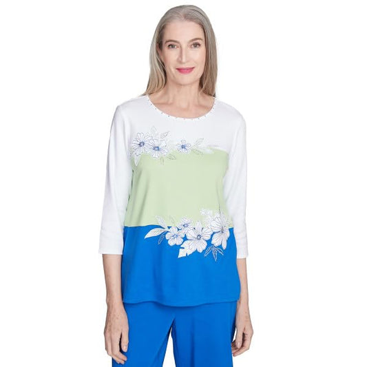 Parrot Cay Spliced Flower Cotton/Polyester 3/4 Sleeve Top (US, Alpha, X-Large, Regular, Regular, Standard, Cobalt/Multi)