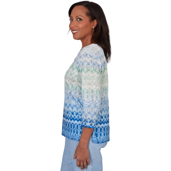 Alfred Dunner Women's Petite Ombre Biadere Split Neck Top, Size PS, Ocean Blue