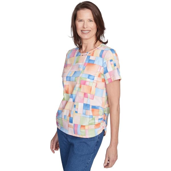 Alfred Dunner Colorblock Tile Cotton Short Sleeve Top (US, Alpha, Small, Regular, Petite, Petite, Multi)