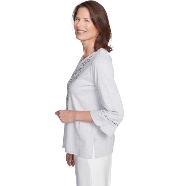 Alfred Dunner Women's Estate of Mind Embroidered Scroll Bell Sleeve Top, Petite X-Large Dove Grey