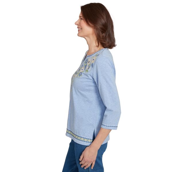 Alfred Dunner Flower Power Embroidered Daisy Yoke Cotton/Ploy Top (US, Alpha, X-Large, Regular, Regular, Standard, Blue)