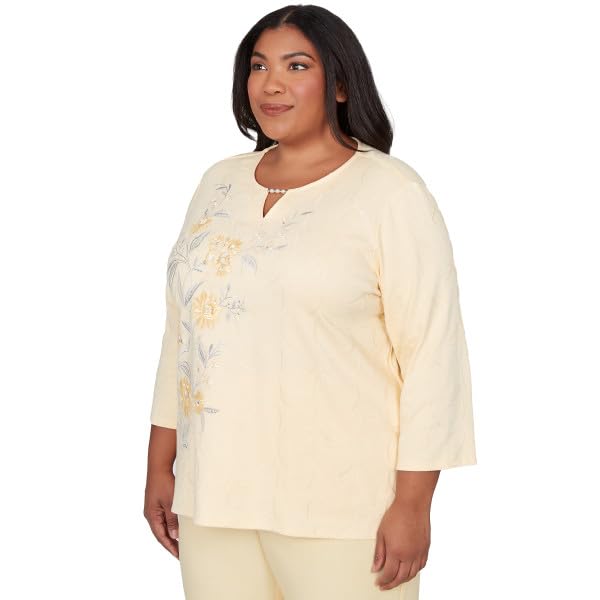 Alfred Dunner Al Fresco Asymmetric Embroidery Cotton/Polyester Top (US, Alpha, 3X, Plus, Regular, Plus Size, dafodil)