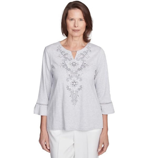 Alfred Dunner Women's Estate of Mind Embroidered Scroll Bell Sleeve Top, Petite X-Large Dove Grey