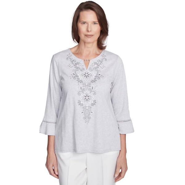 Alfred Dunner Women's Estate of Mind Embroidered Scroll Bell Sleeve Top, Large Dove Grey