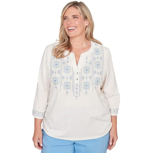 Alfred Dunner ST.Augestine Medallion Embroidered Yoke Cotton/Polyester Top (US, Alpha, 1X, Plus, Regular, Plus Size, Multi)