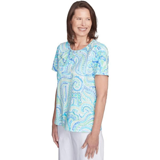 Alfred Dunner Key Item Cotton Paisley Short Sleeve Top (US, Alpha, Small, Regular, Petite, Petite, Multi)
