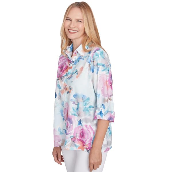 Alfred Dunner Classic Watercolor Polyester Floral Button Down Shirt (US, Alpha, Large, Regular, Regular, Standard, Multi)