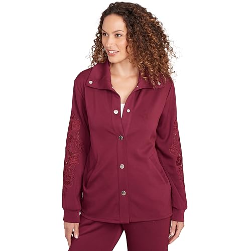 Ruby Rd. Solid Scuba With Embroidery on Sleeve (Petite, Raisin, Small)