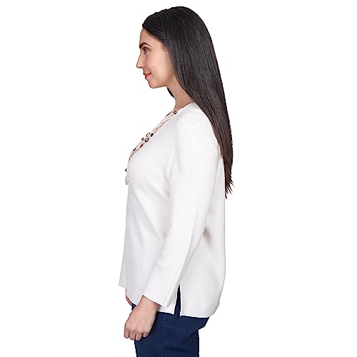 Alfred Dunner Women's Petite Solid Texture Split Hem Sweater with Necklace Size PXL Ivory