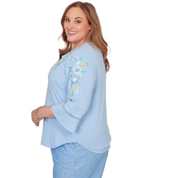 Alfred Dunner Women's Plus-Size Floral Embroidered Split Neck Top, Size 3X, Ocean Blue