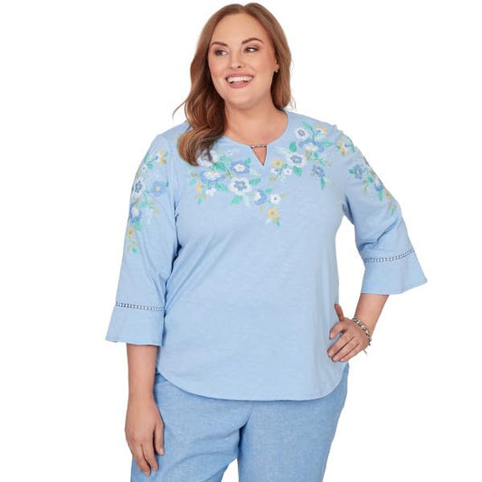 Alfred Dunner Women's Plus-Size Floral Embroidered Split Neck Top, Size 1X, Ocean Blue