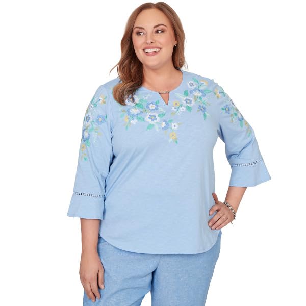 Alfred Dunner Women's Plus-Size Floral Embroidered Split Neck Top, Size 3X, Ocean Blue